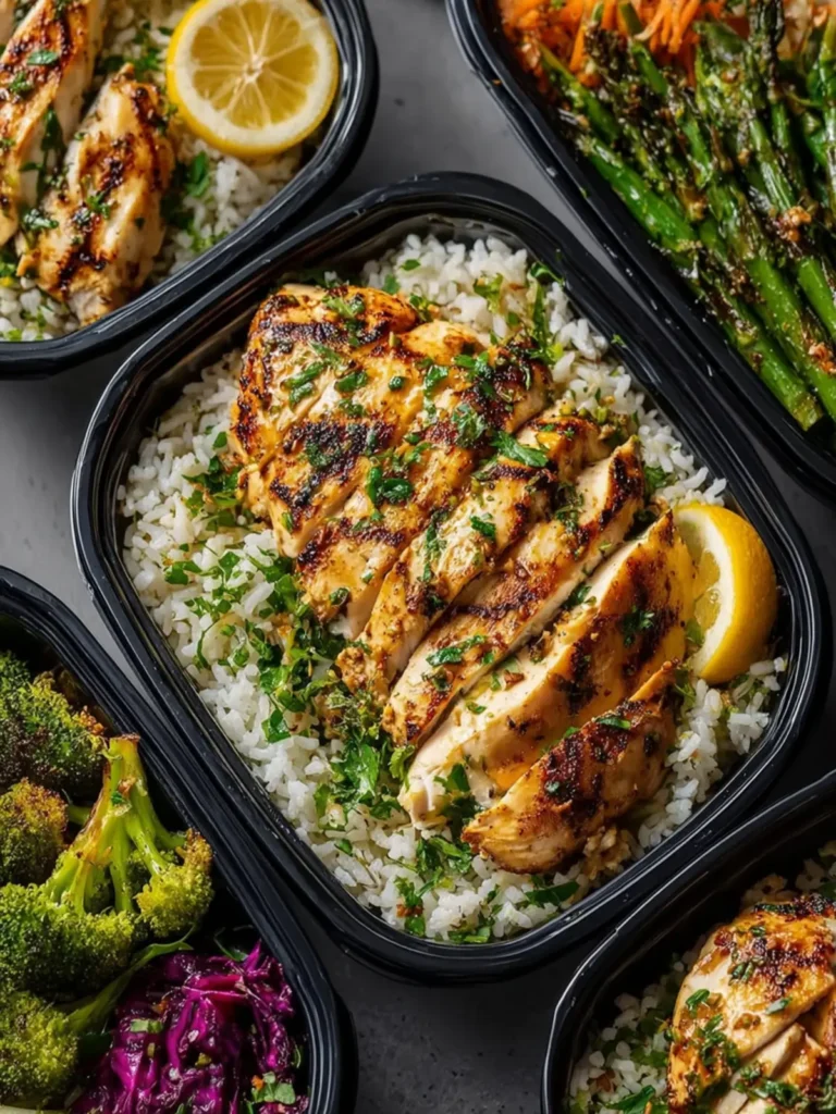 healthy lemon garlic chicken meal prep bowls First Image